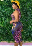 Print Purple Sleeveless Zip Ruched Bodycon Midi Dress