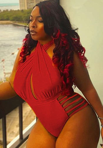 Plus Size Red Criss Cross Sleeveless Backless Hollow Out One Piece Swimwear