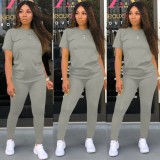 Grey O-Neck Short Sleeves Top and High Waist Fitted Pants 2PCS Set