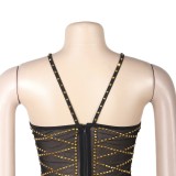 Black Rhinestone O-Neck Sleeveless Slit Maxi Dress