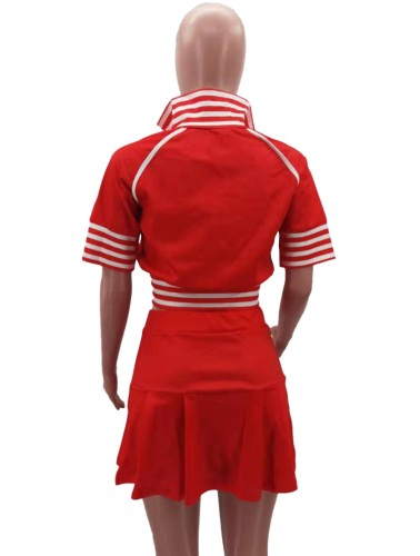 Red Letter Print Short Sleeves Zip Crop Top and High Waist Mini Skirt 2PCS Set