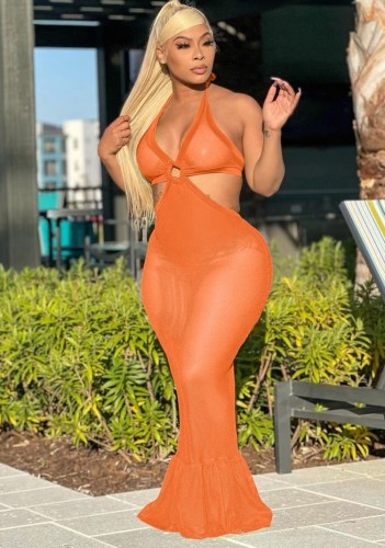 Orange Sleeveless Hollow Out Halter Maxi Mermaid Dress