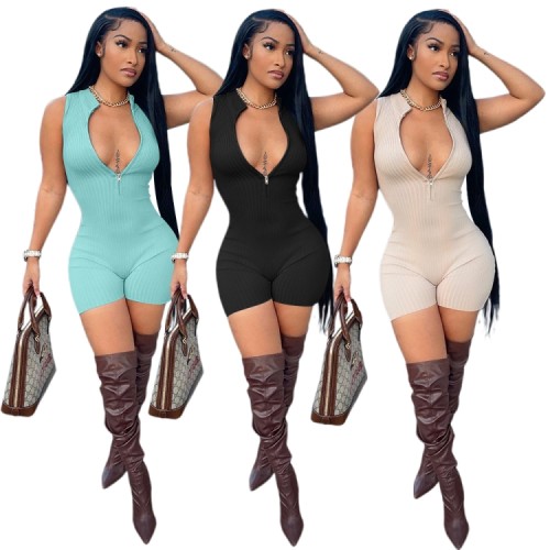 Blue Ribbed Round Neck Sleeveless Zip Up Skinny Rompers