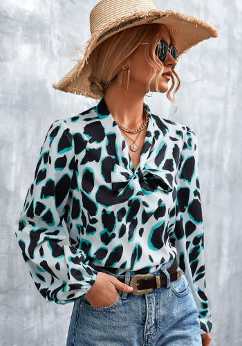 Leopard Print Silk Knotted Lantern Sleeve Shirt