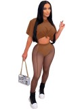 Brown Short Sleeves O-Neck Crop Top and Mesh See Through Pants 2PCS Set