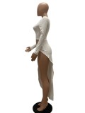 White Keyhole O-Neck Long Sleeves High Slit Maxi Dress