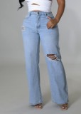 Lt-Blue Straight High Waist Zip Fly Ripped Jeans Pants with Pocket