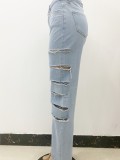 Lt-Blue High Waist Zip Fly Hollow Out Distressed Loose Jeans