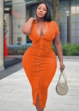 Plus Size Orange Turndown Collar Short Sleeves Button Up Tight Long Dress