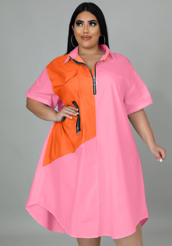 Plus Size Pink Turndown Collar Half Sleeves Drop Shoulder Zip Wide Dress