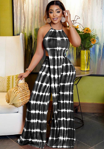 Print Black Sleeveless Cami Halter Irregular Top and Loose Pants 2PCS Set