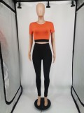 Orange O-Neck Short Sleeves Crop Top and Black High Waist Tight Pants 2PCS Set