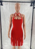 Red Cami Halter Sleeveless Tassel Bodycon Midi Dress