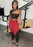 Black Single Short Sleeves Crop Top and Red Patchwork Pants 2PCS Set