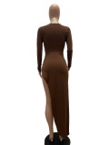 Brown Keyhole O-Neck Long Sleeves High Slit Maxi Dress