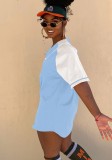 Blue V-Neck Short Sleeves Button Long Top and Shorts 2PCS Set