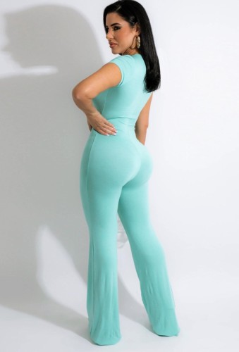 Blue V-Neck Short Sleeves Bell Bottom Jumpsuit