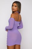 Purple Square Neck Hollow Out Mini Sheath Dress with Half Gloves