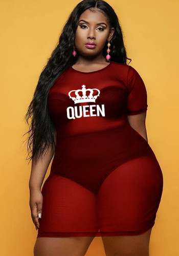 Plus Size Print Burgunry Mesh See Through O-Neck Short Sleeves Tight Mini Dress