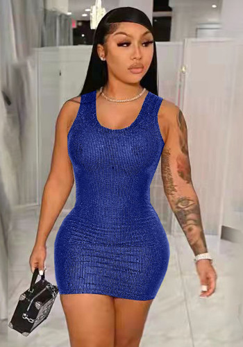 Blue Sequin Square Neck Sleeveless Mini Vest Dress