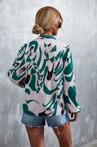 Green and White Silk Knotted Lantern Sleeve Shirt