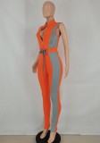 Orange Stand Collar Color Block Sleeveless Drawstring Jumpsuit