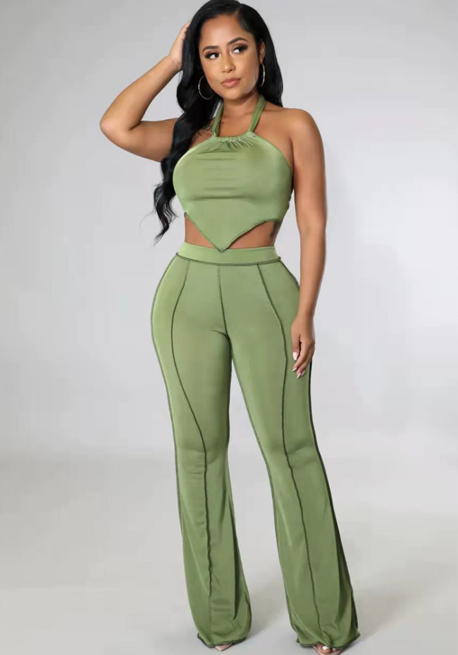 Green Halter Sleeveless Irregular Crop Top and High Waist Pants 2PCS Set