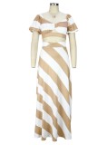 Stripe Print Khaki Short Sleeves Crop Top and High Waist Maxi Skirt 2PCS Set