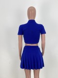 Blue Turndown Collar Short Sleeves Button Crop Top and Mini Skirt 2PCS Set