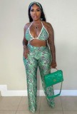 Plus Size Print Green Cami Halter Bra and High Waist Pants 2PCS Set