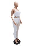 White Cami Sleeveless High Cut Bobysuit and Mesh Patchwork Pants 2PCS Set