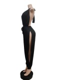 Black Halter Sleeveless Side Slit Backless Jumpsuit