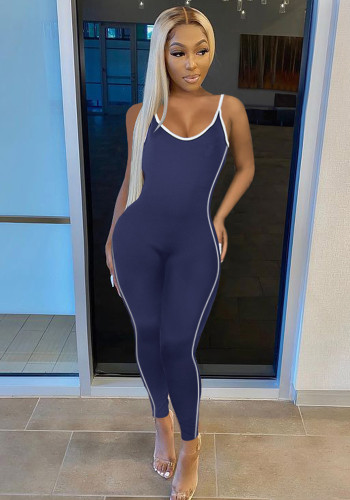 DK-Blue Cami Sleeveless Slim Fit Piping Jumpsuit