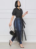 Black Tulle Patchwork Button Short Sleeves Maxi Blouse Dress