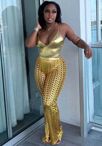 Gold Cami Bodysuit and Hollow Out Flare Pants 2PCS Set