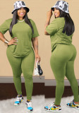 Green O-Neck Short Sleeves Top and High Waist Fitted Pants 2PCS Set
