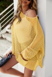 Yellow Crochet Long Sleeves Loose Cover-Up with Pocket