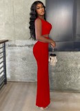 Red One Shoulder Sleeveless Crop Top and High Waist Slit Skirt 2PCS Set