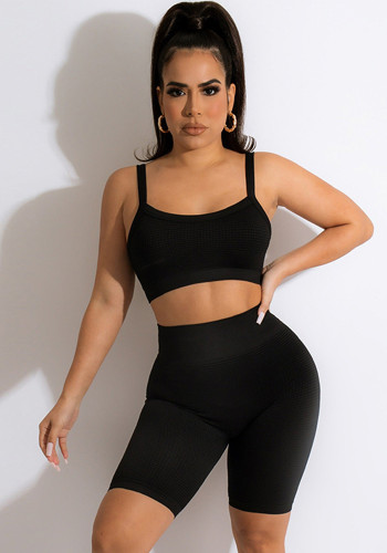 Black Cami Sleeveless Tight  Crop Top and High Waist Shorts 2PCS Sets