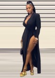 Plus Size Black Deep-V Long Sleeves High Slit Maxi Loose Dress