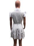 White Turndown Collar Button Up Short Sleeves Ruffle Mini Dress