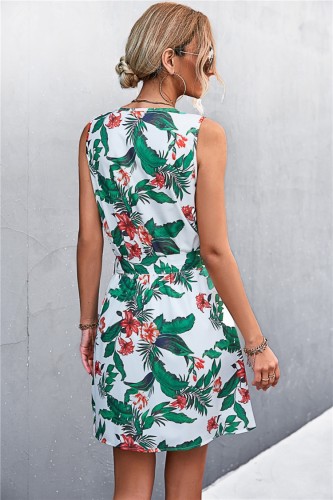 Floral Print White V-Neck Sleeveless Zip Up A-line Mini Dress with Belt