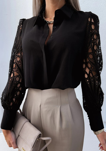 Black Lace Patchwork Turndown Collar Long Sleeves Blouse