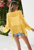 Yellow Crochet Long Sleeves Loose Cover-Up with Pocket