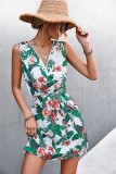 Floral Print White V-Neck Sleeveless Zip Up A-line Mini Dress with Belt