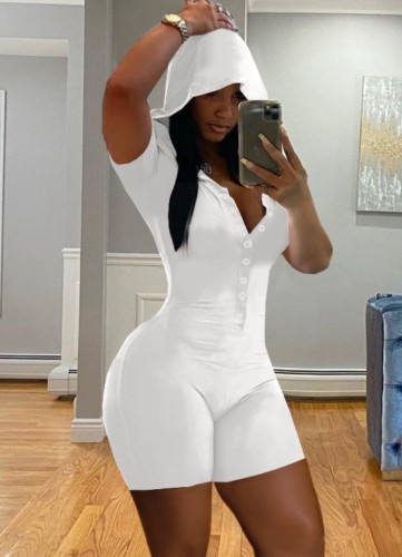 White Short Sleeves Button Up Hoody Bodycon Rompers