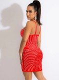 Red Cami Sleeveless Rhinesonte Mini Dress