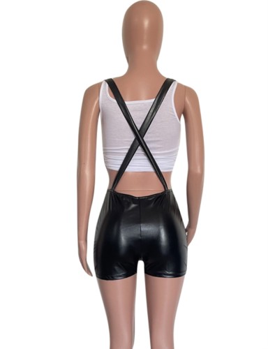 Black Leather High Waist Skinny Suspender Shorts