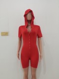 Red Short Sleeves Button Up Hoody Bodycon Rompers