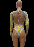Floral Print Blue Long Sleeves O-Neck Backless One Piece Swimsuit